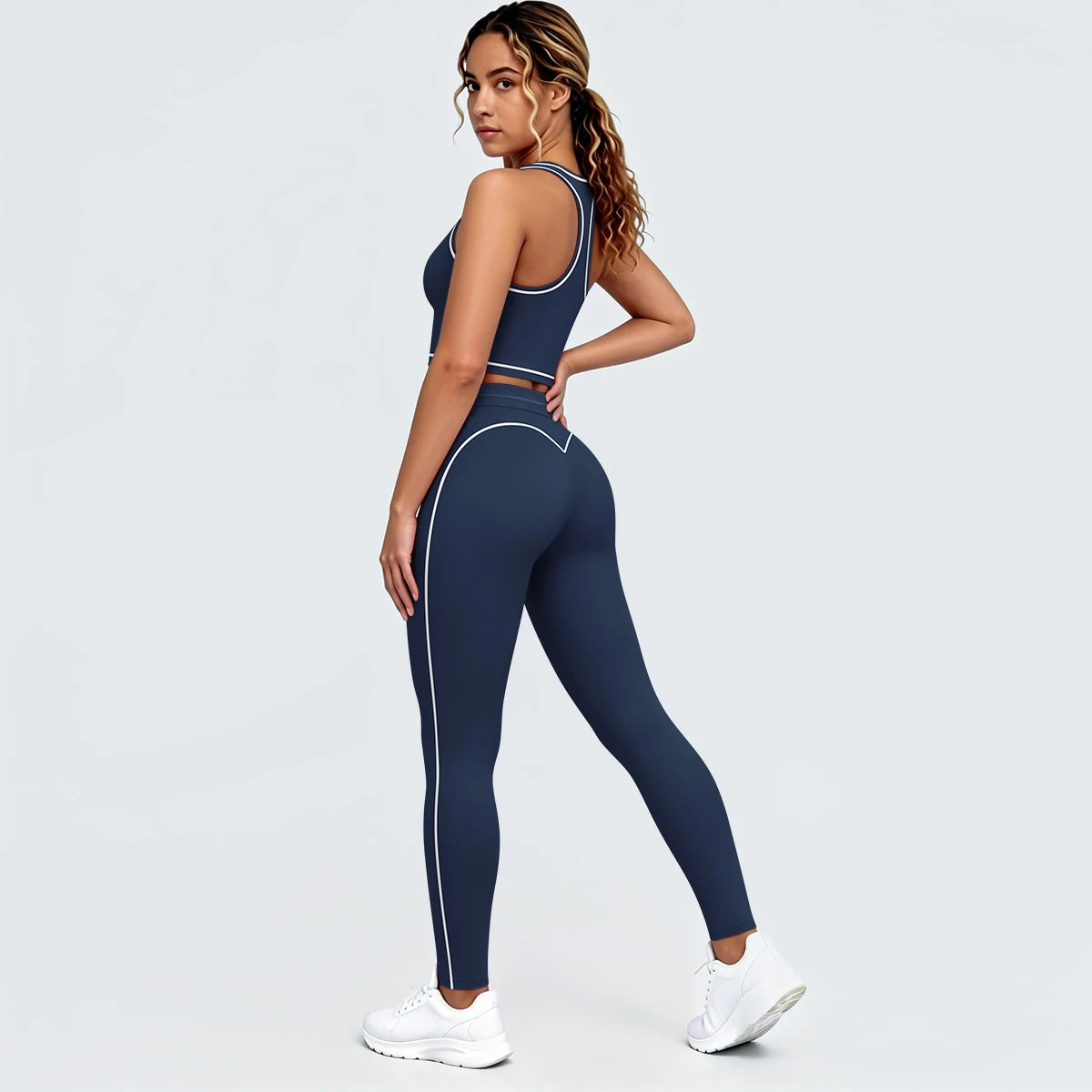 Yoga-Set in Navyblau: Sport-BH mit Brustpolstern, Leggings mit Kontraststreifen