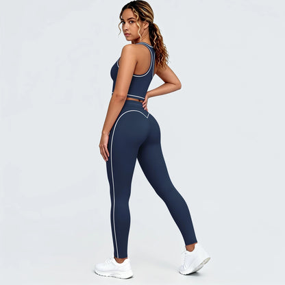 Yoga-Set in Navyblau: Sport-BH mit Brustpolstern, Leggings mit Kontraststreifen