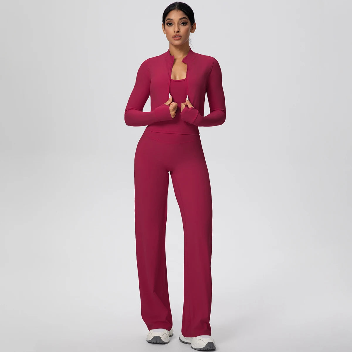 Rotes 3-teiliges Yoga-Lauf-Set: Trägertop, langärmlige Jacke, weite Hose