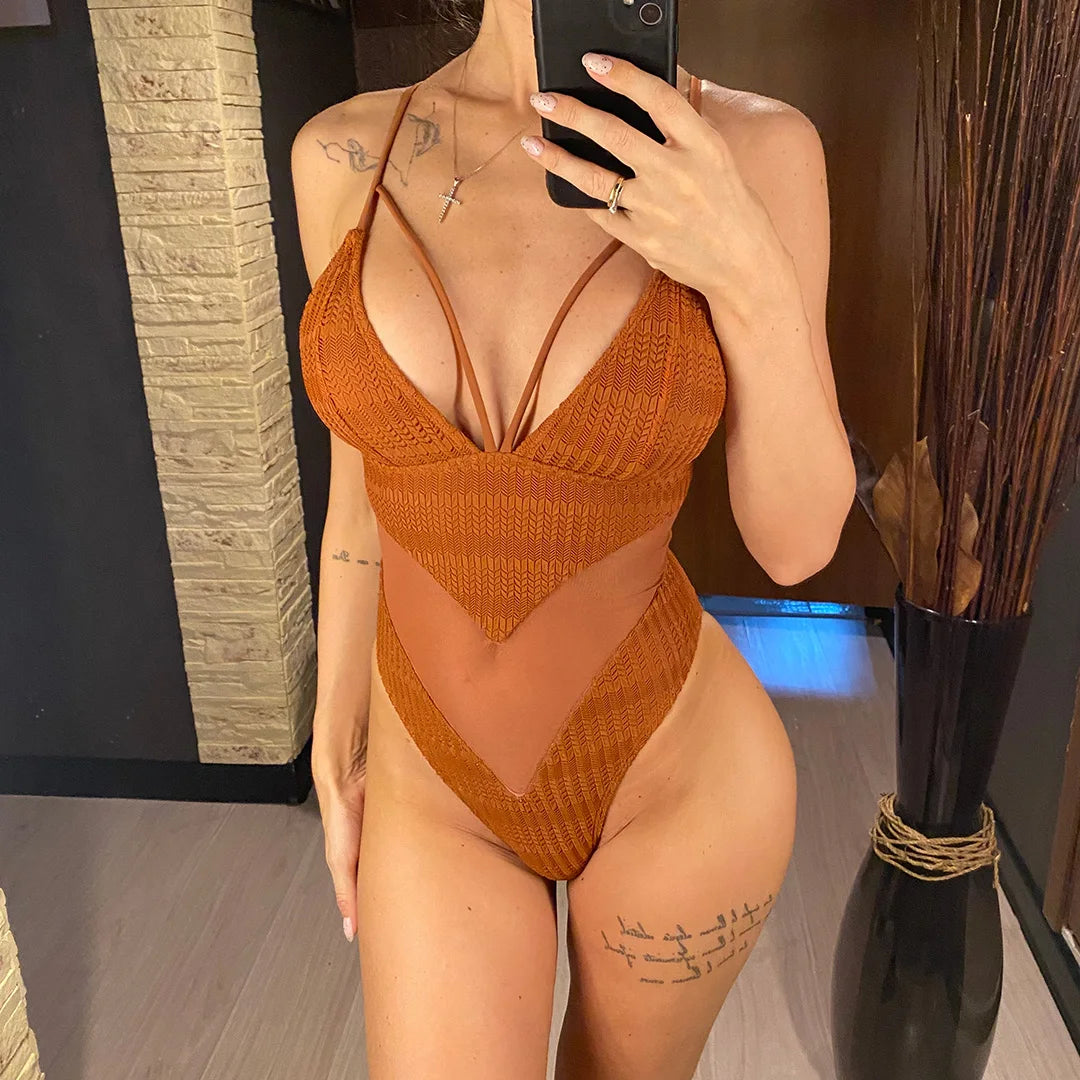 Damen-Badeanzug V-Ausschnitt Mesh High-Leg Monokini 5 Farben