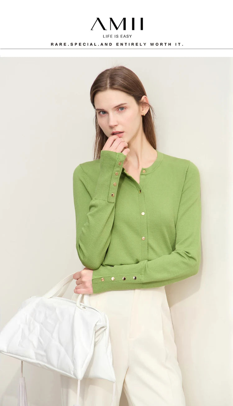 Damen-Strickjacke Rundhals Wolle Metallknopf französisch Büro Frühling
