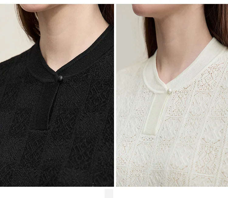 Damen-Strickpullover mit Stehkragen und Knopf, Lochmuster, Kurzarm (schwarz/weiß)