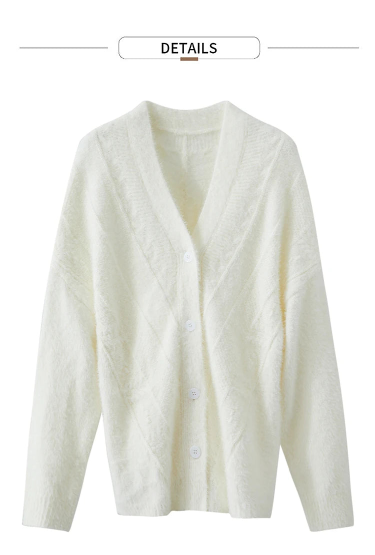 Damen-Strickjacke V-Ausschnitt Nerz-Imitat locker dick Winter