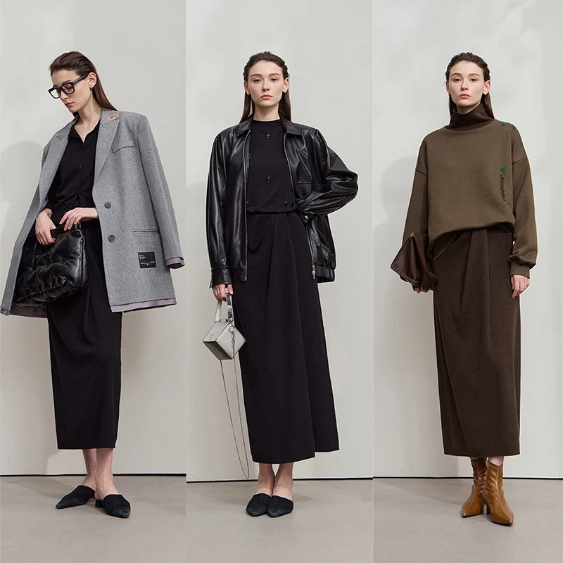 Brauner Strickrock, langes Design mit Falten an der Taille und geradem Fall