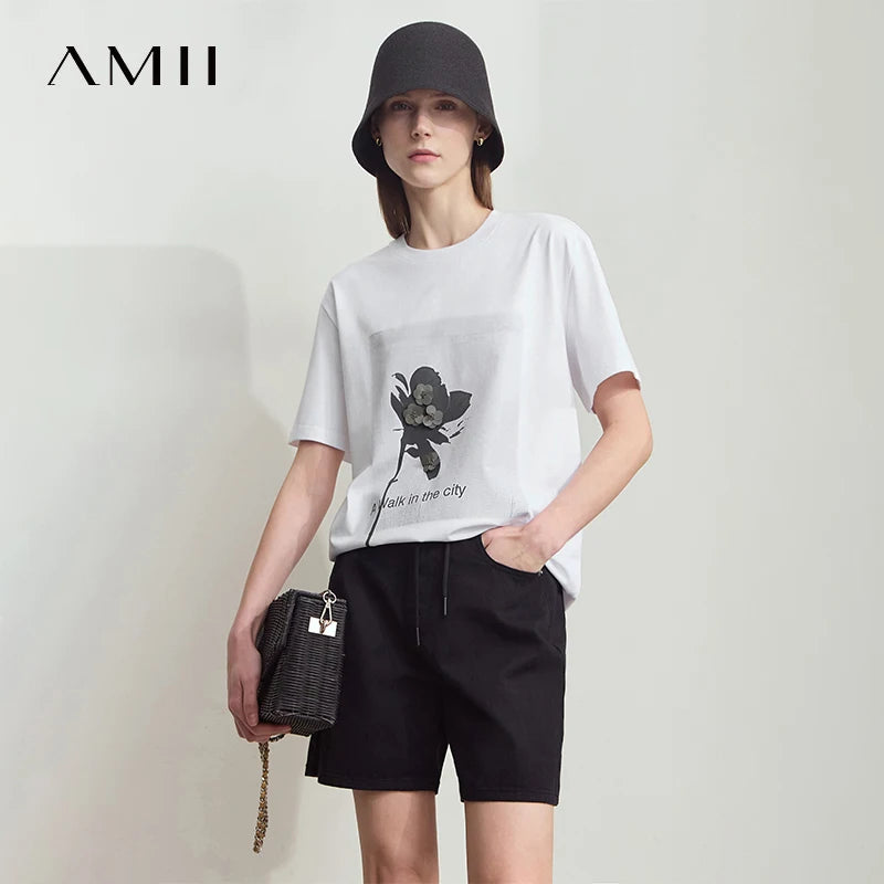 Damen T-Shirt mit minimalistischem O-Ausschnitt und Pailletten-Verzierung