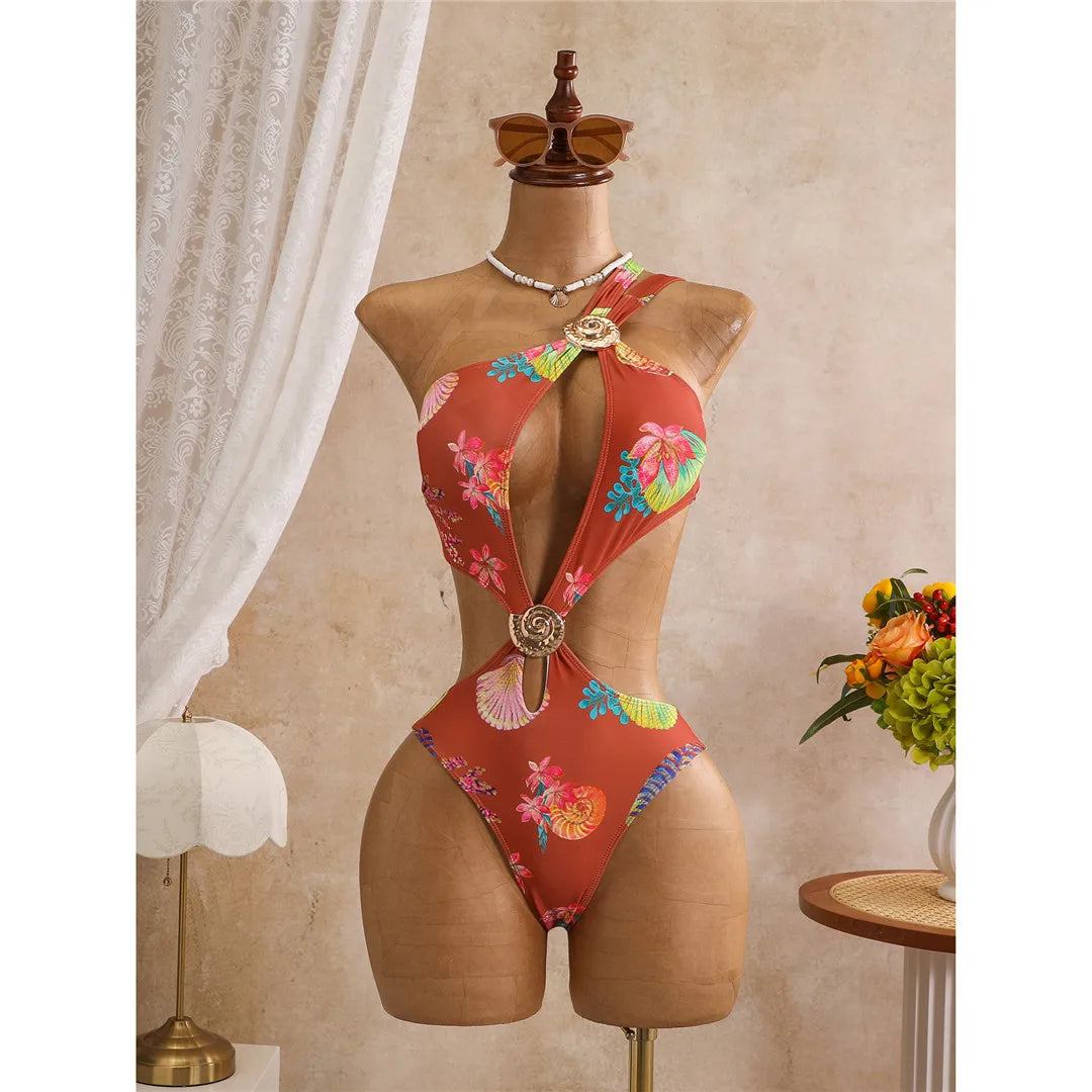 Damen Badeanzug Blumendruck One-Shoulder asymmetrisch Cut-Out Monokini gepolstert