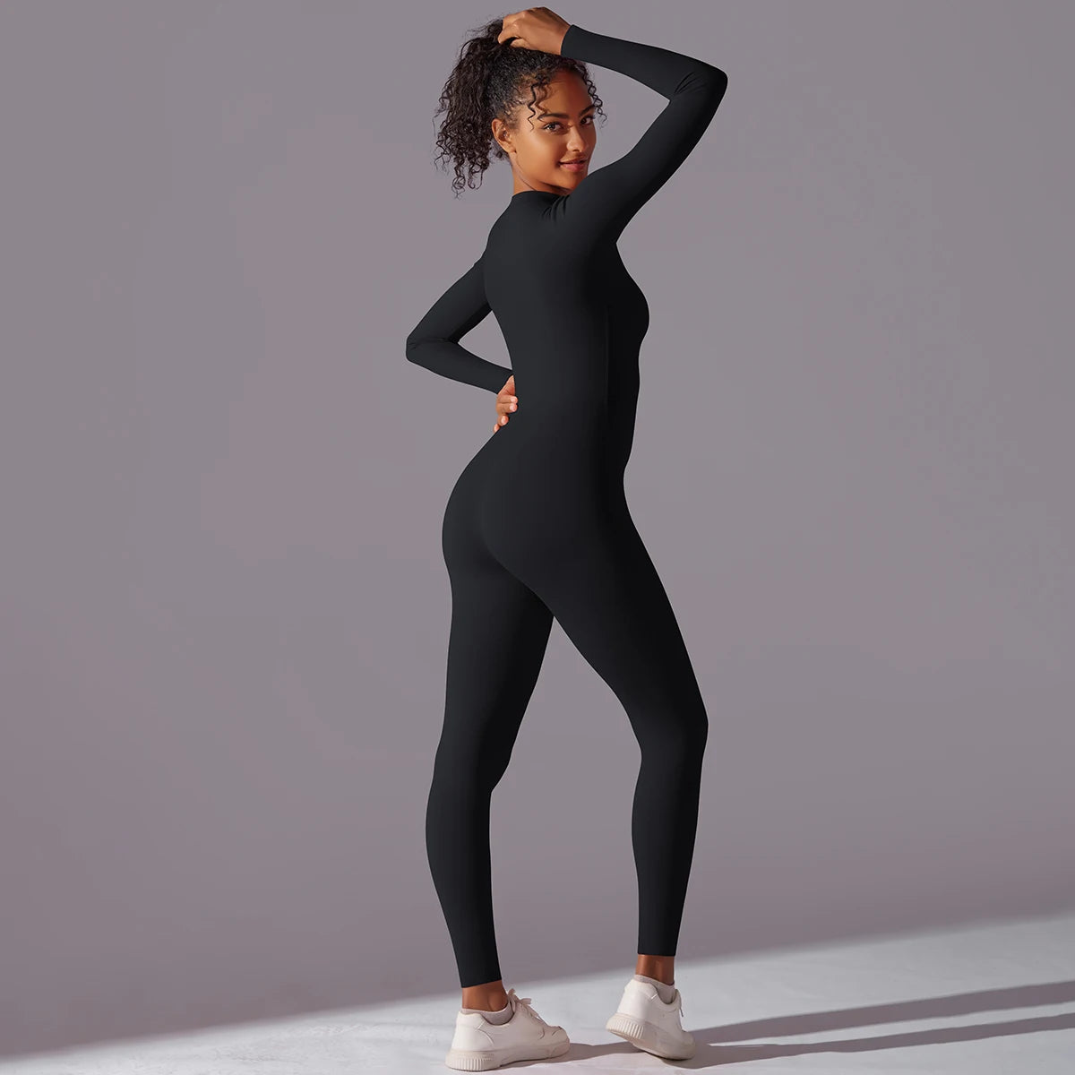 Sport-Overall Damen, lange Ärmel, schwarzer Ton, Frontreißverschluss