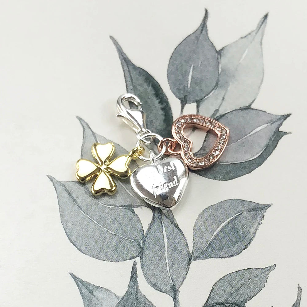 Damen-Charm-Anhänger Kleeblatt Herz beste Freundin aus Sterlingsilber