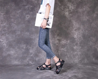 AIYUQI Sandalen Frauen Sommer 2025, Neue Echtes Leder Baotou Römischen Sandalen Damen Retro Hohl Gewebt Frauen Sandalen