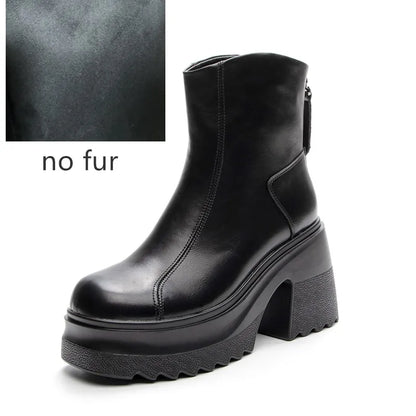 Damen-Stiefelette aus Leder ohne Fell, schwarze 10-cm Blockabsatz, Plattformsohle