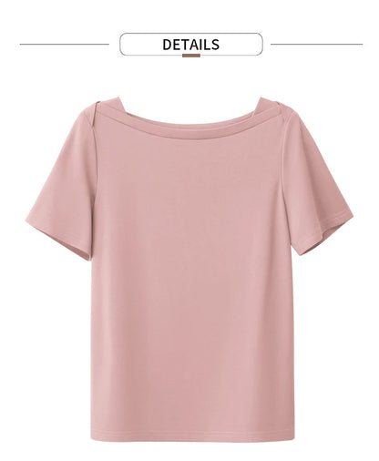 Damen T-Shirt im minimalistischen Stil mit One-Line Kragen und kurzen Ärmeln