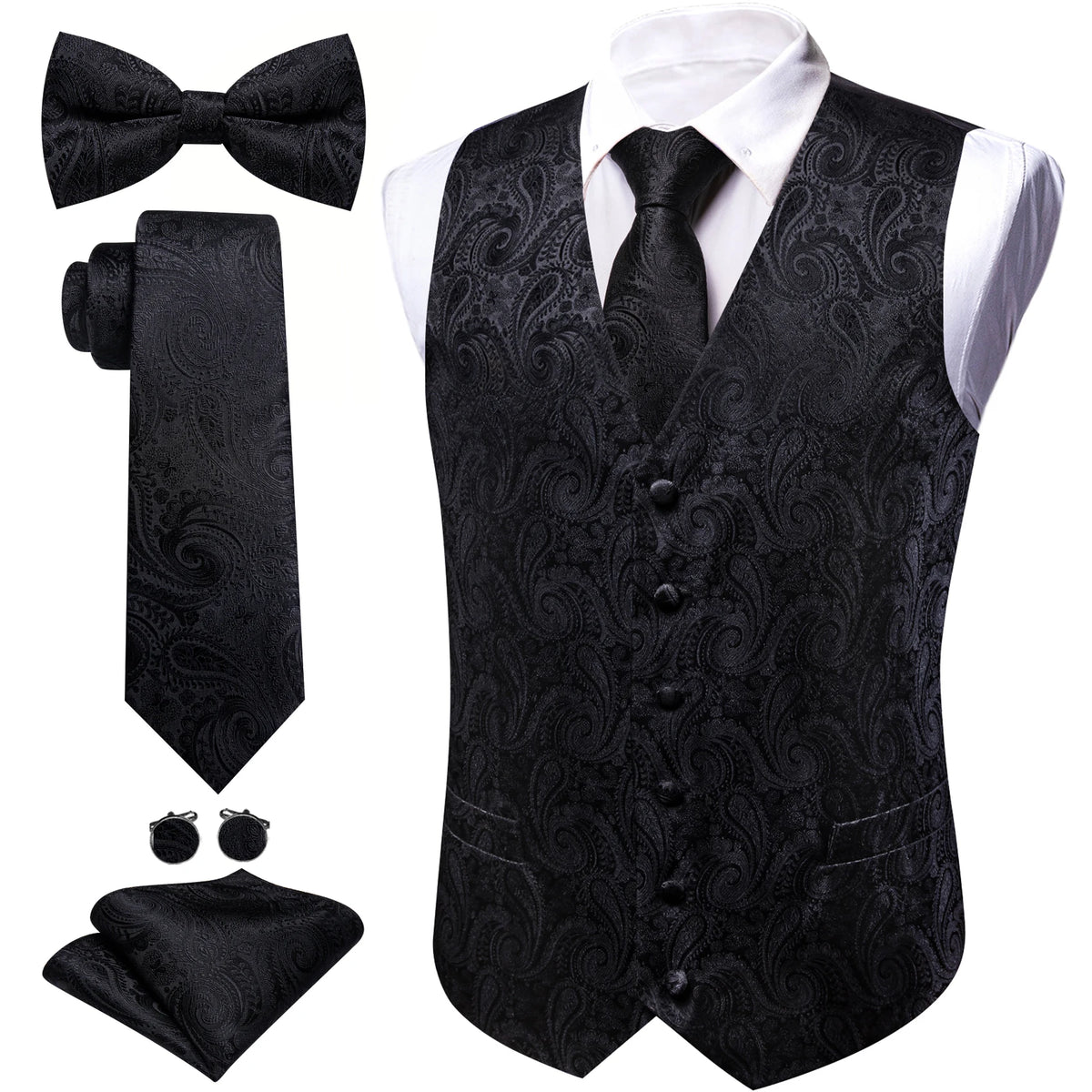 5-teiliges Business-Set: Anzugweste mit Paisley in Dunkelgrau/Schwarz, dazu Krawatte & Fliege.