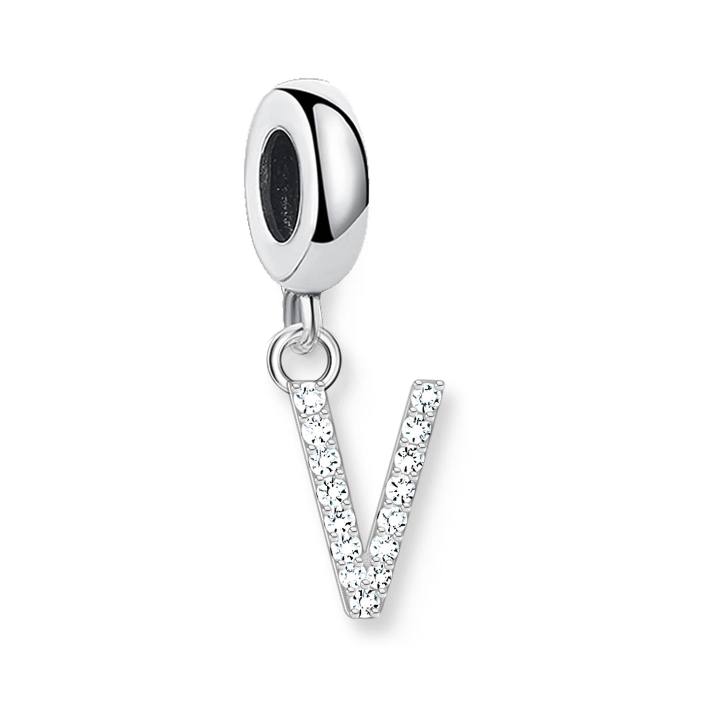 Buchstaben-Charm-Anhänger aus 925er Sterlingsilber mit Strassbuchstabe V und dunklem Stein oben.