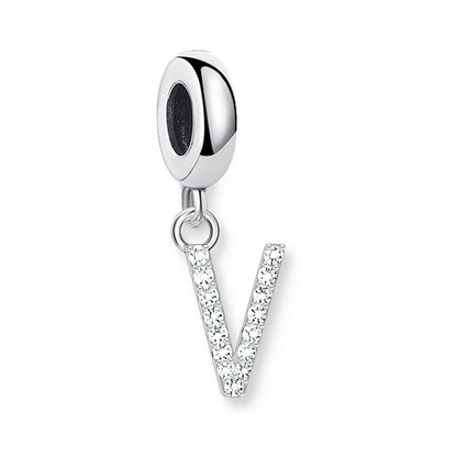 Buchstaben-Charm-Anhänger aus 925er Sterlingsilber mit Strassbuchstabe V und dunklem Stein oben.