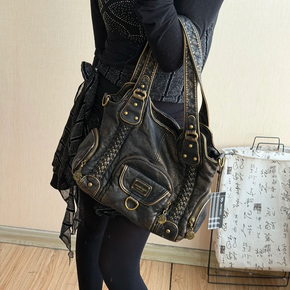 Damen Große Henkeltasche Aus Leder Mit Geflochtenen Details In Retro Waschoptik Groß
