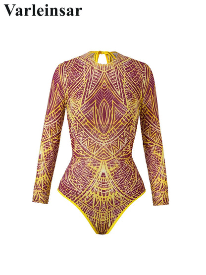 Damen Badeanzug Blumen Print Langarm mit Hose Einteiler Schwimmanzug