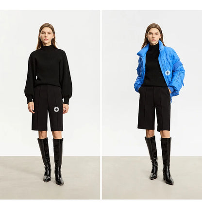 Damen-Wollpullover mit Stehkragen, schwarz, gerippte Optik und weite Ärmel
