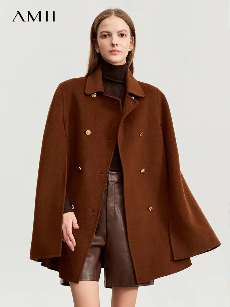 Damen Wollmantel im Vintage-Stil mit Revers und Ledergürtel für Winter