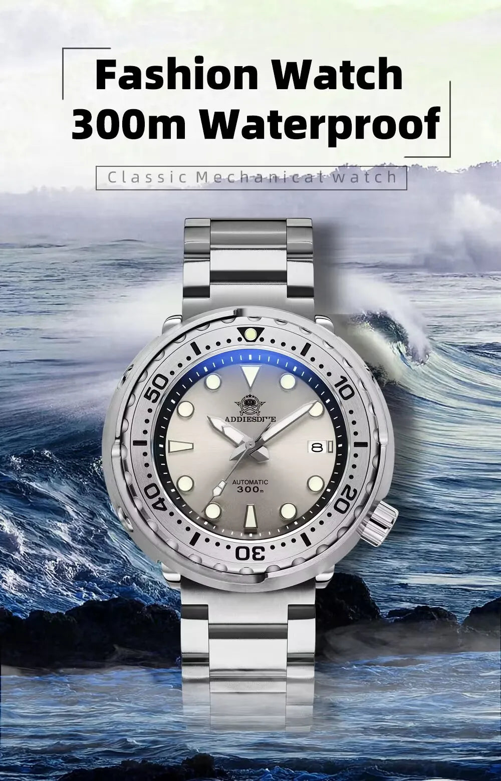 Herren-Luxus-Tuna-Taucheruhr mit Saphirglas und 300 m Tiefe