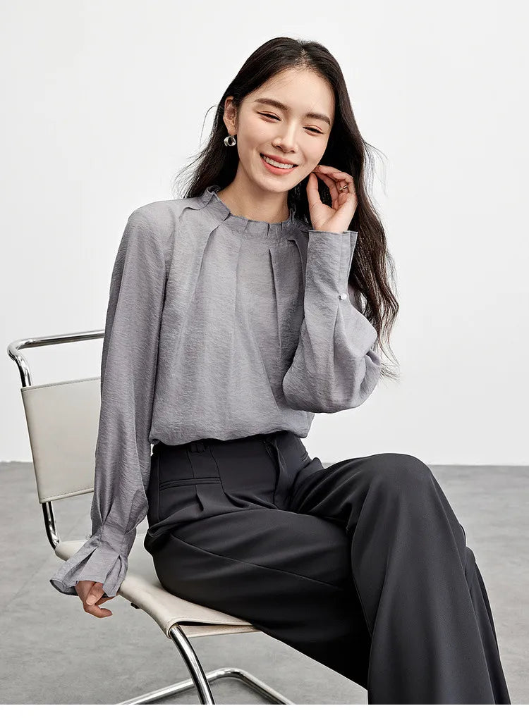 Elegante Vintage-Chiffonbluse mit Print und langen Ärmeln – lockerer Schnitt für Frühling und Herbst
