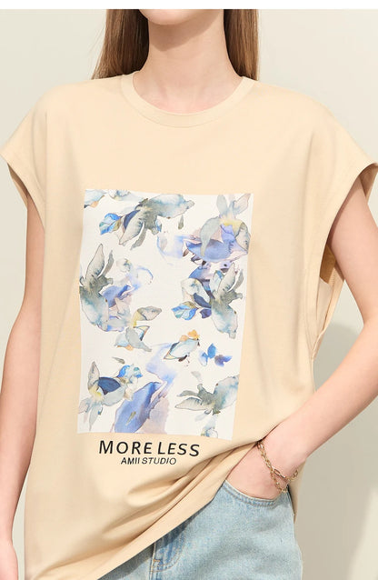 Damen T-Shirts im Minimalismus-Stil mit lässigem O-Neck und Blumen-Druck