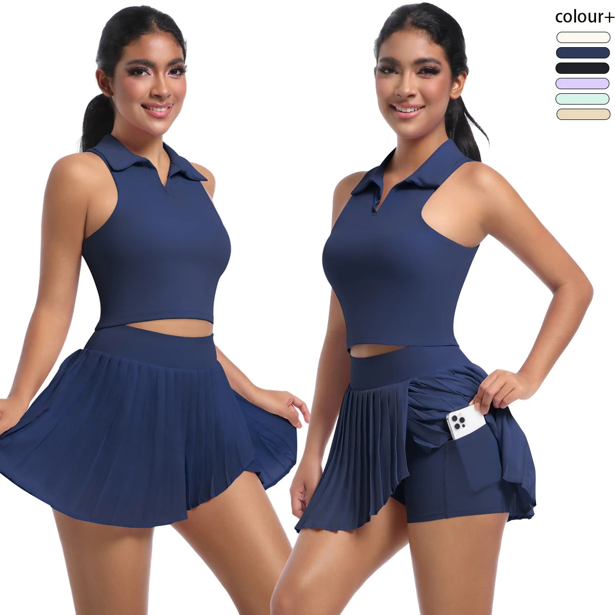 Dunkelblauer Yogaanzug mit ärmellosem Polokragen-Top und Faltenrock-Shorts