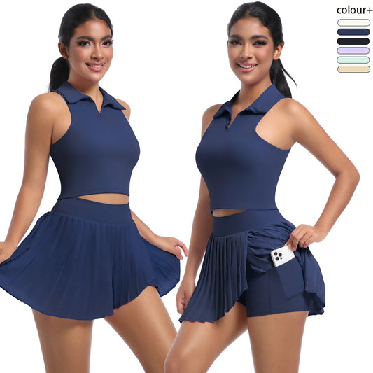 Dunkelblauer Yogaanzug mit ärmellosem Polokragen-Top und Faltenrock-Shorts