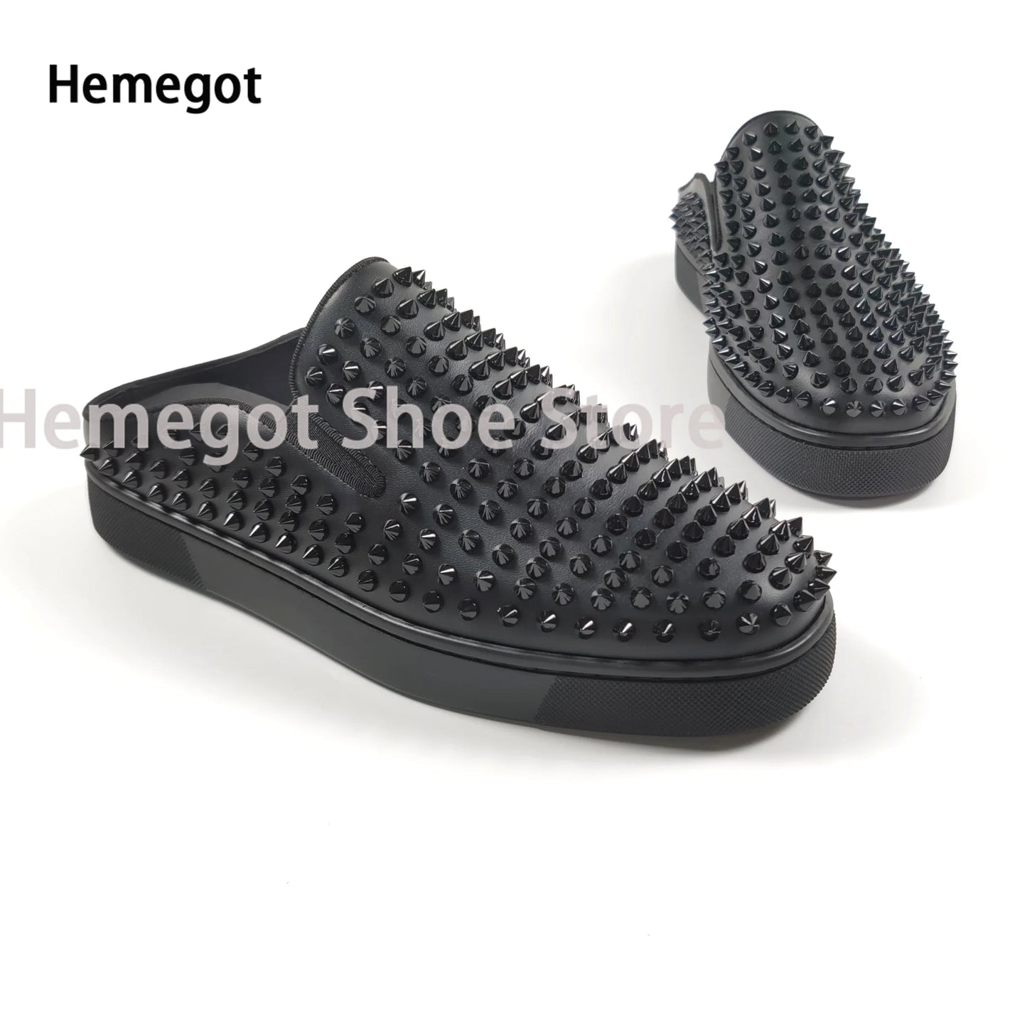 White Riveted Men's Slippers Leather Low Top Flat Casual Shoes Males Brand High Quality Black Rivets Thick Sole Loafers