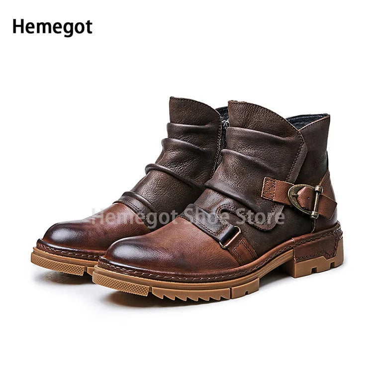 Herren-Motorradstiefel mit Schnallenriemen, braunes Leder, hoher Schaft, braune Profilsohle
