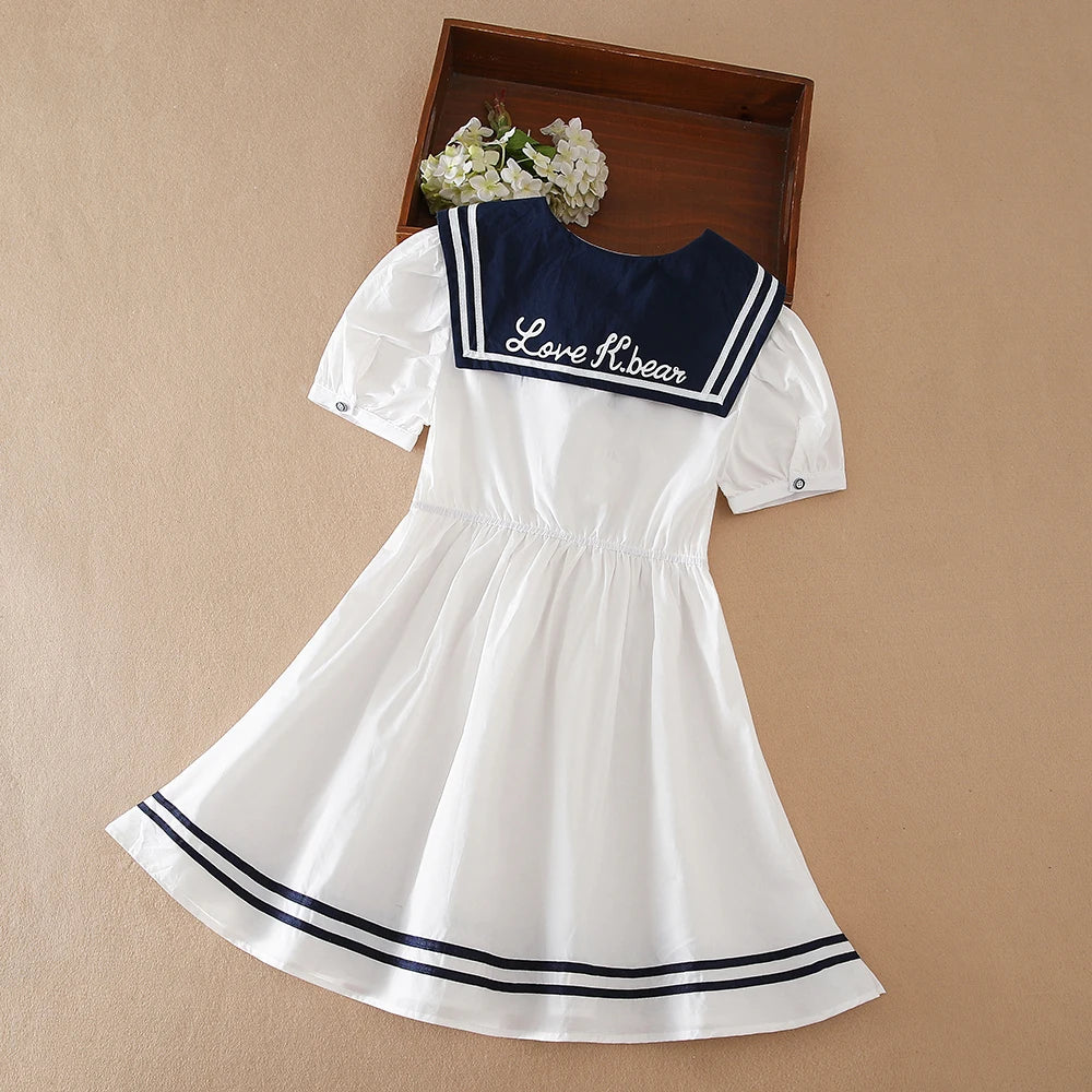Girls Dress 100% Cotton White Sailor Back to School Dress Suitable for 5-12  Years Old Girls Short Sleeved Summer Dresses