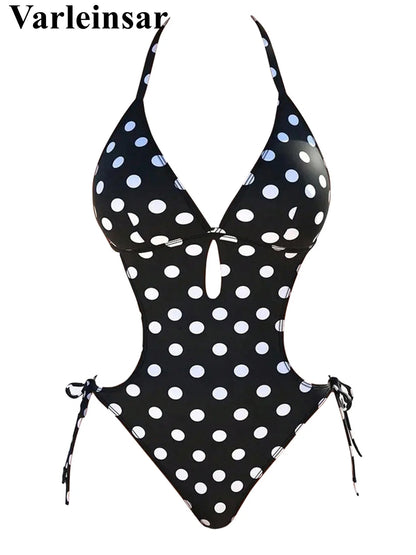 Damen-Badeanzug Polka Dots Neckholder rückenfrei High-Leg Monokini
