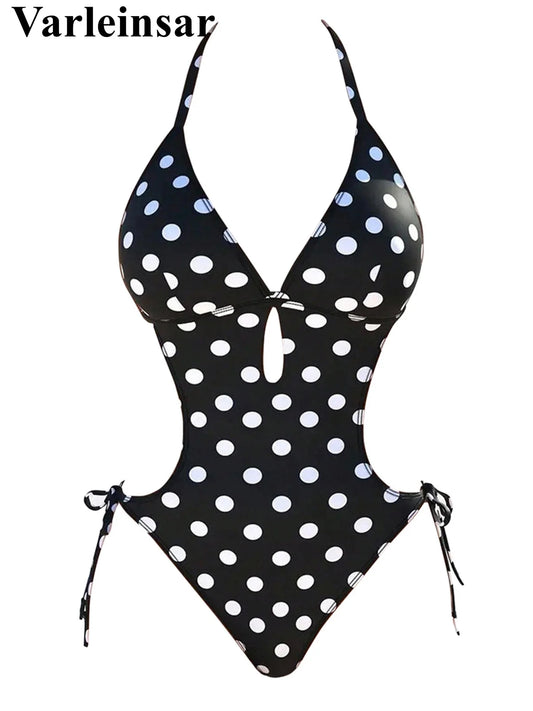 Damen-Badeanzug Polka Dots Neckholder rückenfrei High-Leg Monokini