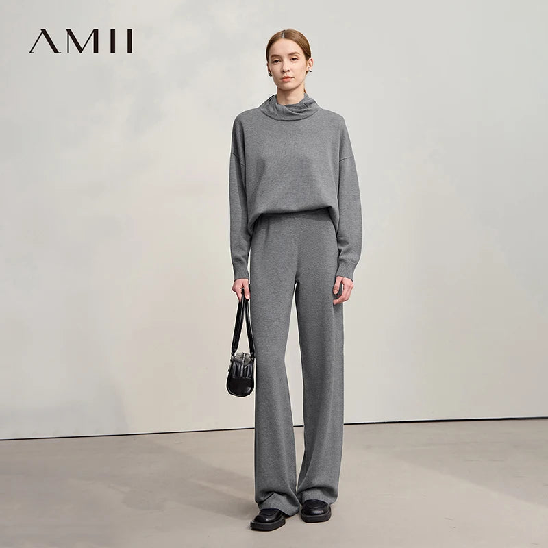 Damen-Set mit grauem Rollkragenpullover und Hose mit weitem Bein, lockerer Schnitt