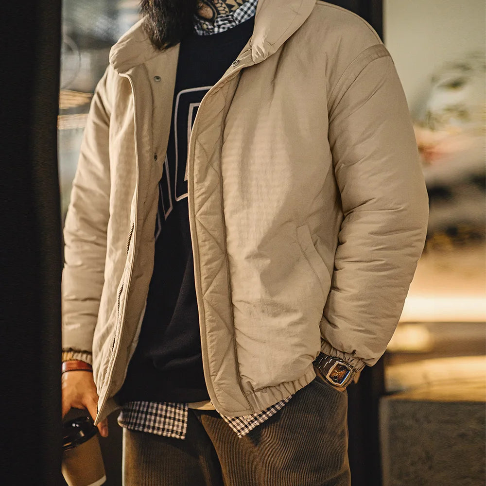 Herren Mantel Retro Khaki Stehkragen gefütterte Puffjacke mit Reißverschluss
