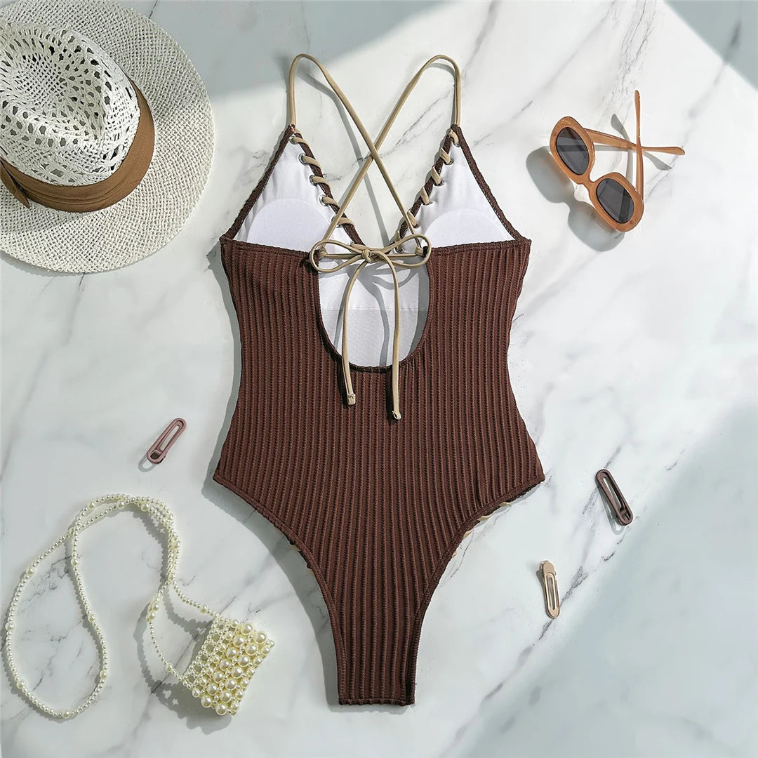 Damen Badeanzug V-Ausschnitt Rippen Kreuzrücken hoher Beinausschnitt Monokini 5 Farben