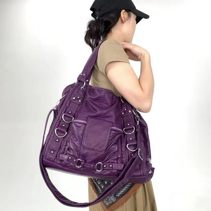 Damen-Vintage-Schultertasche Große Schwarze Mit Top-Griff Und Mehreren Fächern Für Viel Stauraum