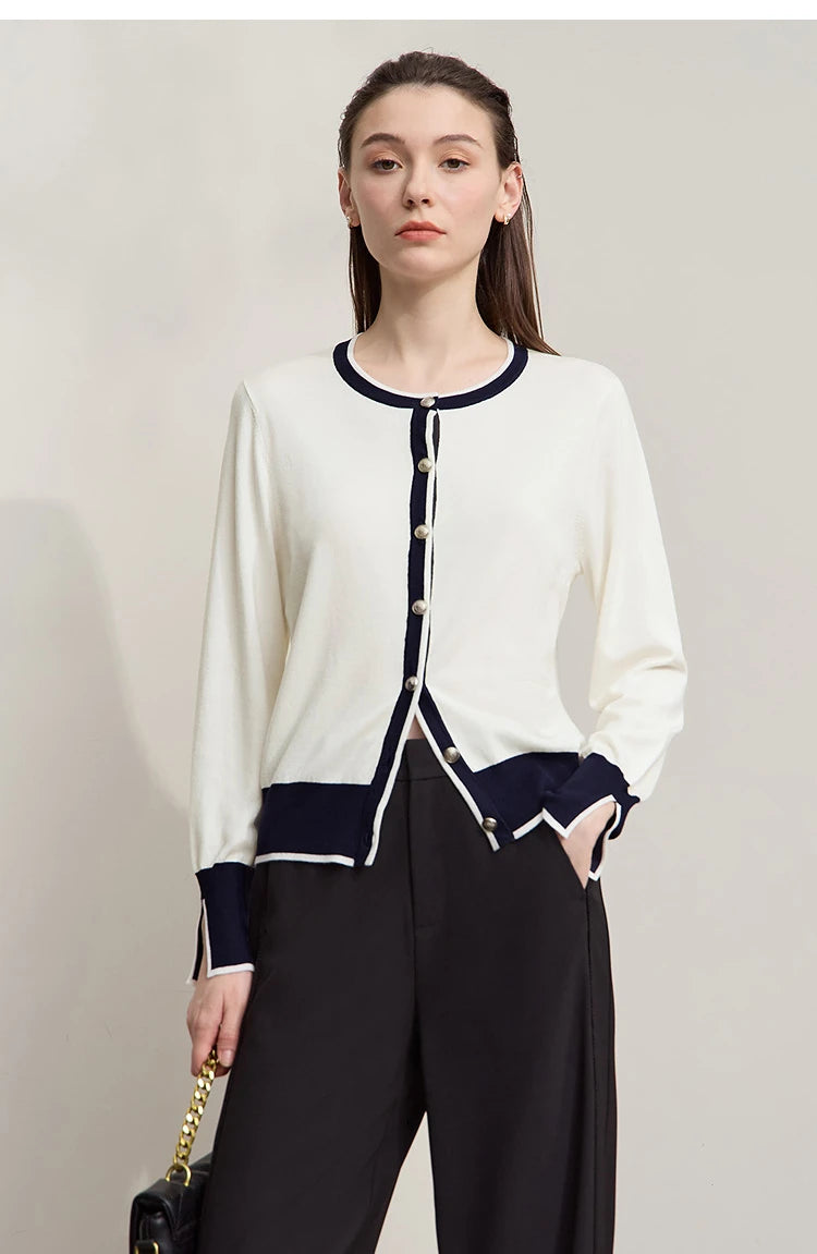 Damen-Strickjacke Rundhals Patchwork gerade elegant vielseitig Herbst