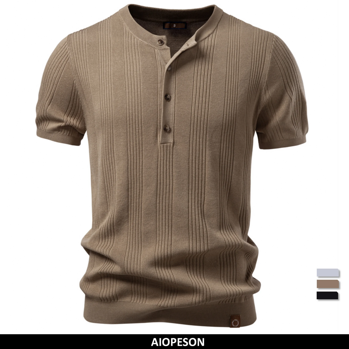 Henleyshirt mit Knopfleiste, Kurzarm und geripptem Streifenmuster in Khaki