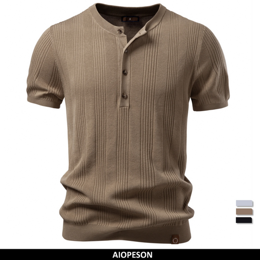 Henleyshirt mit Knopfleiste, Kurzarm und geripptem Streifenmuster in Khaki