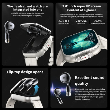 Herren Smartwatch mit TWS Ohrhörern und Herzfrequenz Tracker für Anrufe und Musik