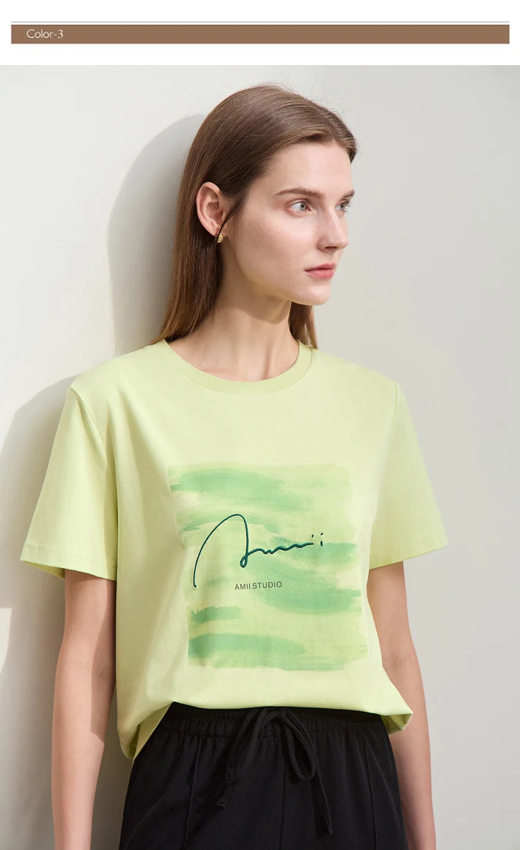 Damen T-Shirts im lässigen Minimalismus-Stil mit O-Ausschnitt und Stickerei