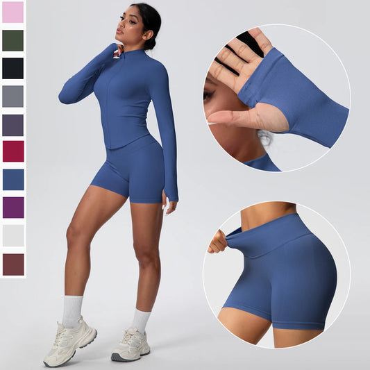 Damen Yoga-Set aus blauem Langarm-Top mit kurzem Reißverschluss und passender Shorts, Detailansicht
