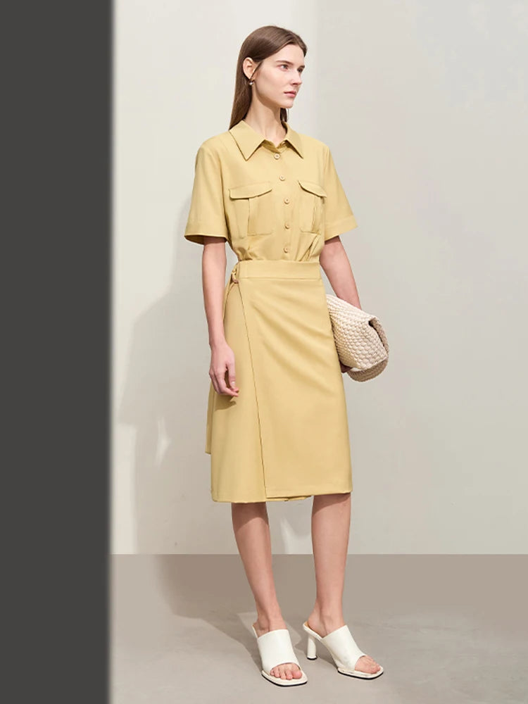 Elegantes Damen Kleid Im Safari Stil Mit Reverskragen