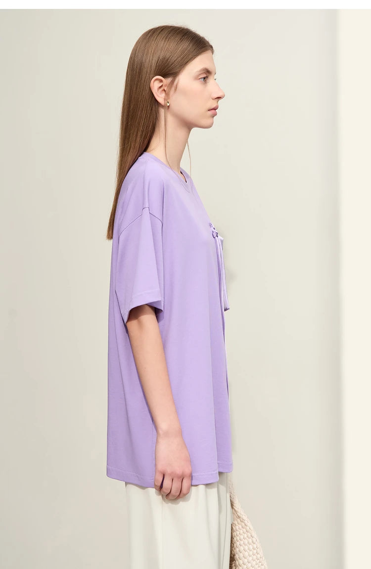 Damen T-Shirt im Minimalismus-Stil mit Taschen und elastischem O-Neck