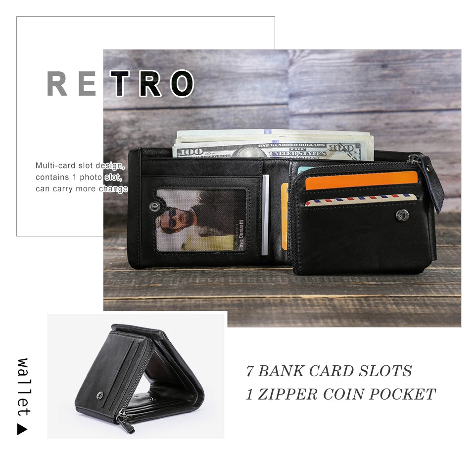 Herren Echtleder Geldbörse Vintage Trifold Haspe Reißverschluss Kartenhalter Geldclip