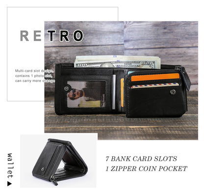 Herren Echtleder Geldbörse Vintage Trifold Haspe Reißverschluss Kartenhalter Geldclip