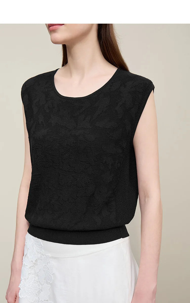 Damen-Rundhalspullover ärmellos Jacquard locker kurz Viskose Sommer