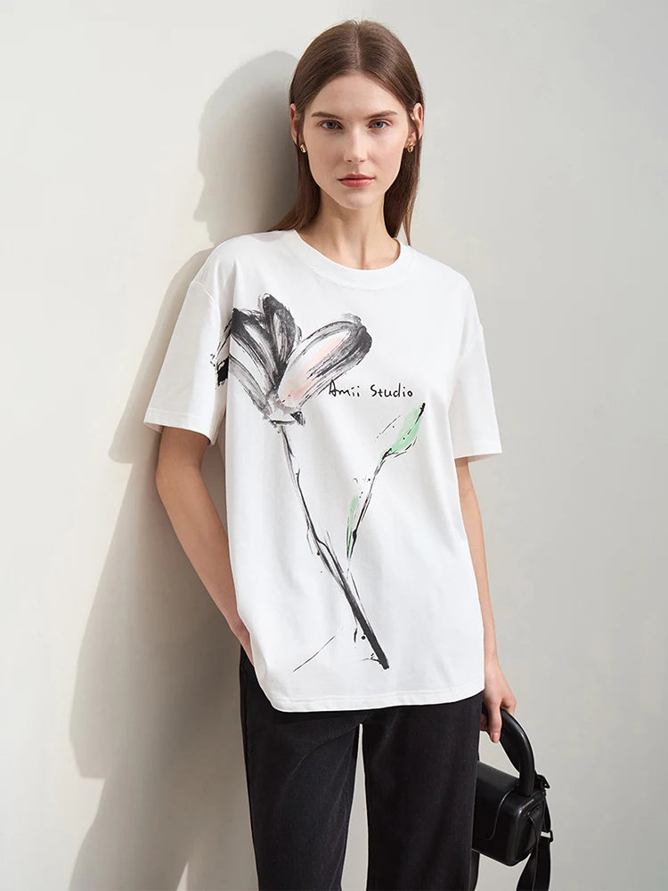 Damen T-Shirt im Minimalismus-Stil mit O-Neck und coolen Ink-Art Print