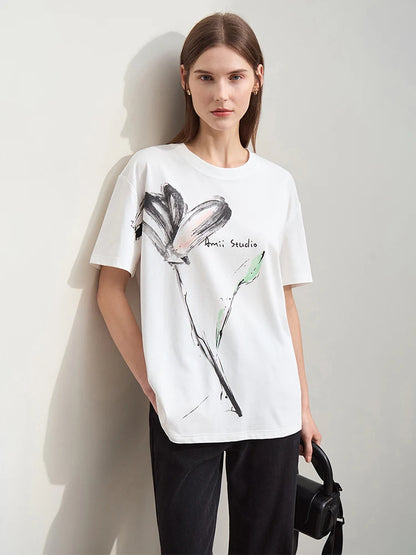 Damen T-Shirt im Minimalismus-Stil mit O-Neck und coolen Ink-Art Print