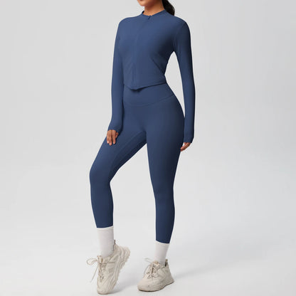 Zweiteiliger Damen-Yogaanzug, Slim Fit, langärmeliges Oberteil und Leggings in Navyblau